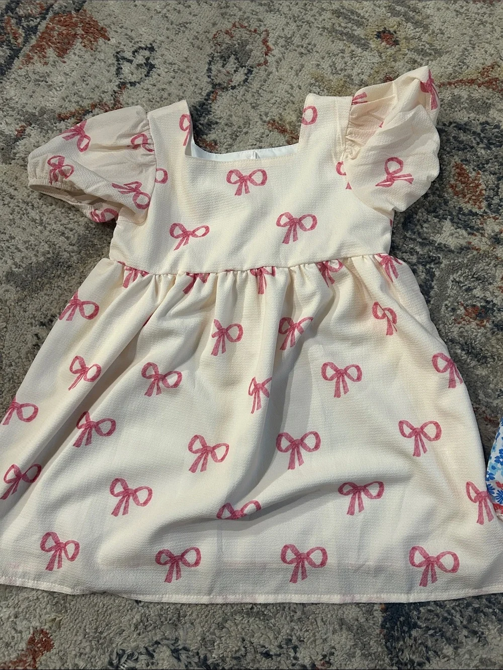 Girls Pink Bow Print Short-Sleeve Dress bundle with Blue and Red Smocked Dress
